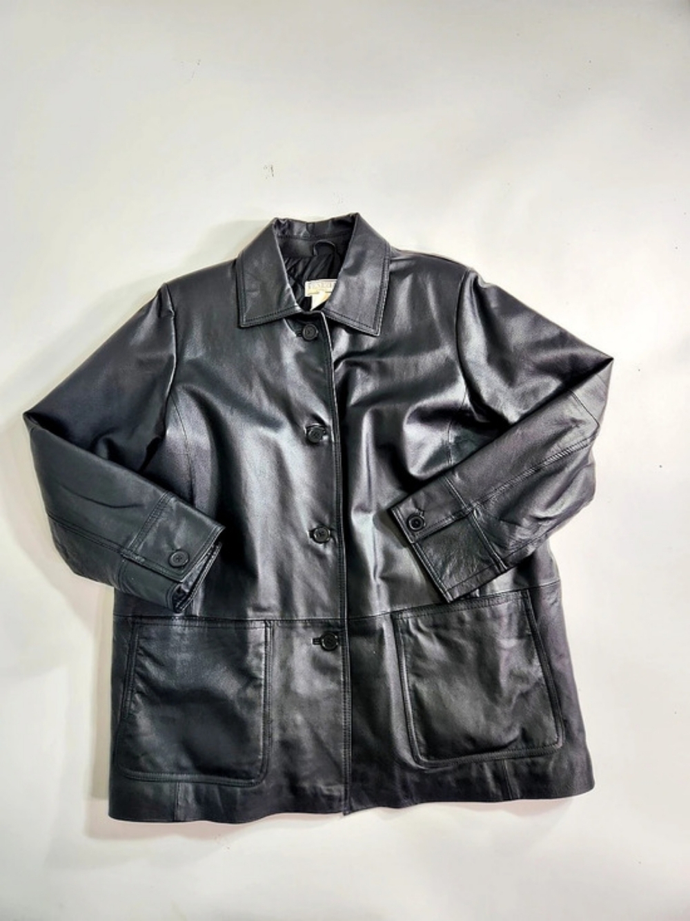 Venezia Vitale Womens Size 18W Black Leather Jacket Coat Button Front  1C
